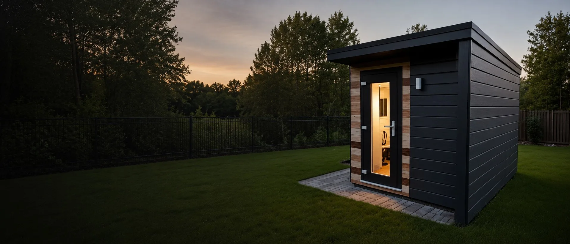 A modular garden office kit finished with an interior fit-out