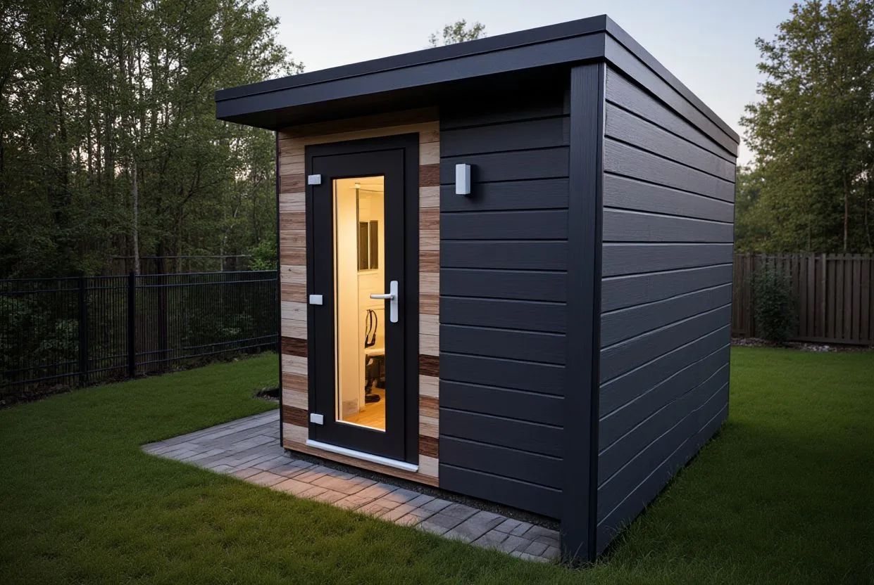 Modular Garden Office lit up at dusk