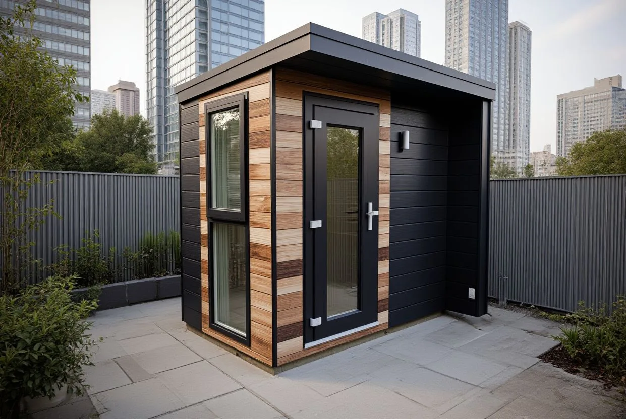 Modular Garden Office in an urban garden with the city skyline behind