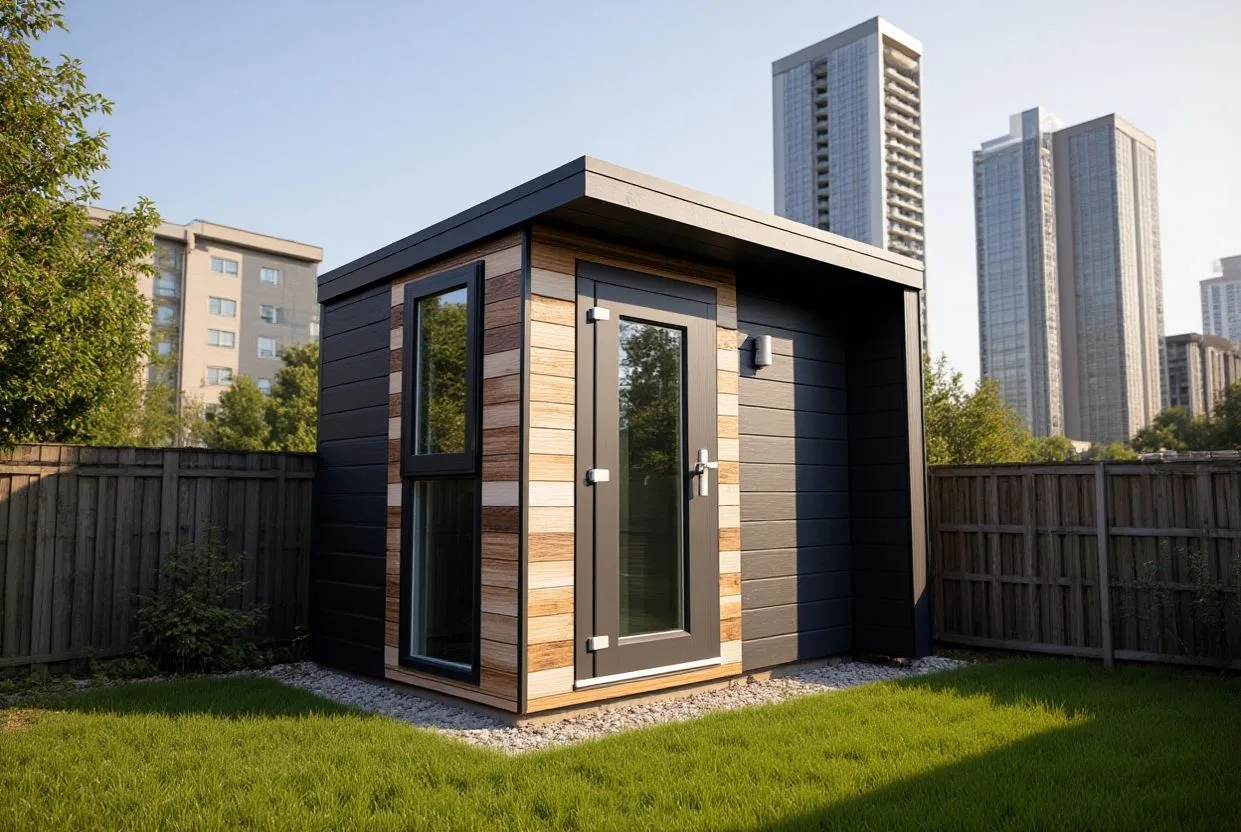 Micro garden office in an urban garden with the city skyline behind